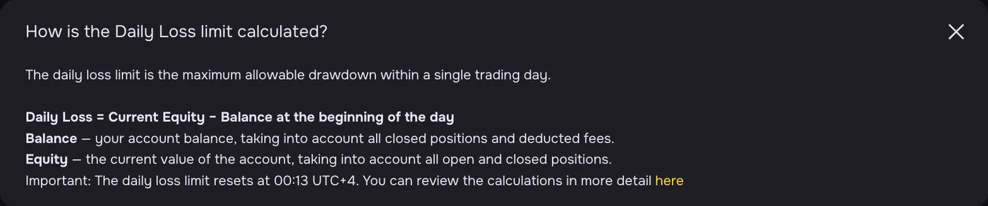 Hash Hedge's daily loss formula, read 7 October 2026, including the 00:13 UTC+4 reset that applies to both routes.