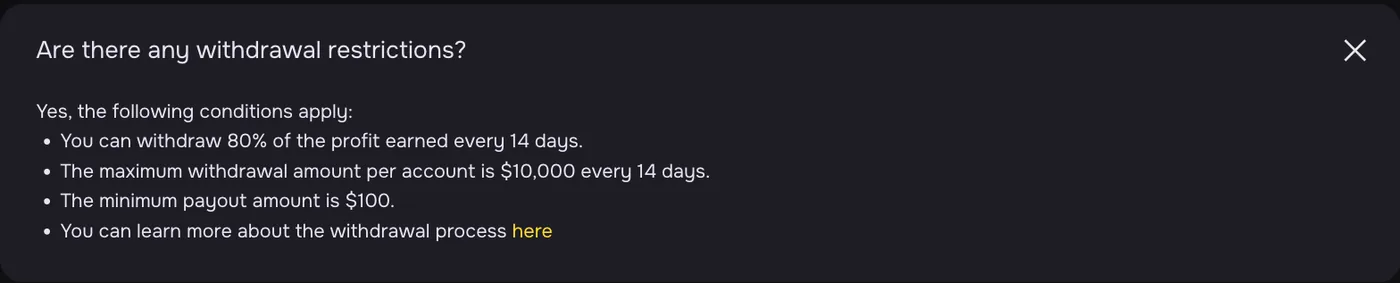 Hash Hedge's withdrawal terms, read 7 October 2026: 80% of profit every 14 days, $10,000 maximum per account per cycle, $100 minimum payout.